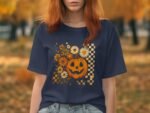 Woman wearing a navy t-shirt featuring a smiling pumpkin graphic surrounded by flowers, set against an autumn backdrop.