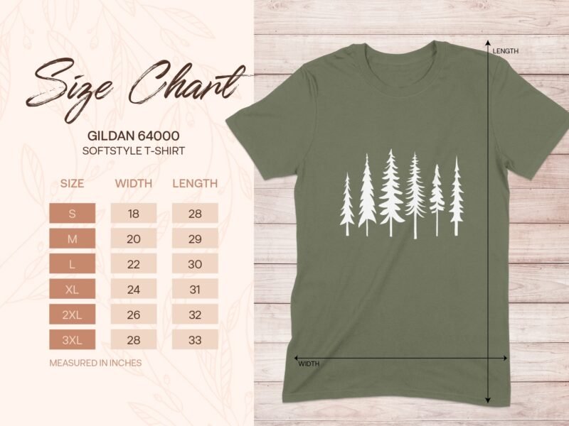 Green Gildan Softstyle t-shirt size chart with tree design and dimensions listed in inches for various sizes.