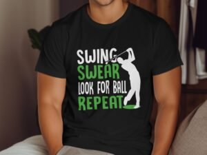 A person wearing a black t-shirt with the text "SWING SWEAR LOOK FOR BALL REPEAT" and an illustration of a golfer.