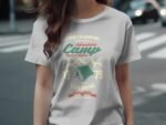 A woman wearing a light gray t-shirt with a vintage camping graphic featuring mountains, a tent, and adventure-themed text.