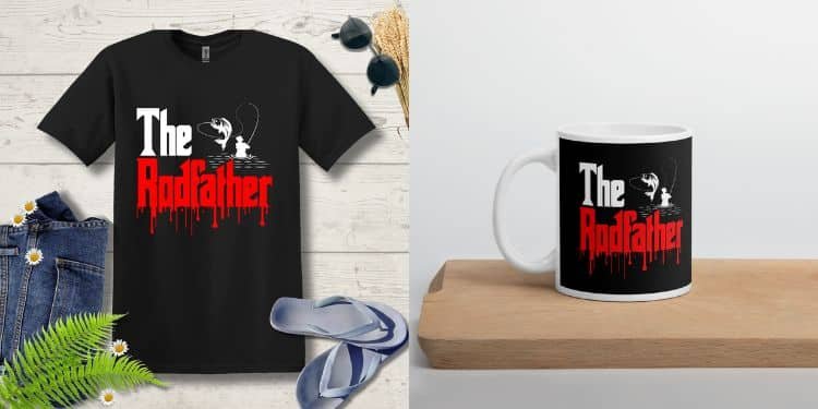 A black t-shirt and a black mug with the words "The Rodfather" on them