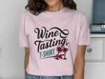 Woman wearing a light pink t-shirt with "Wine Tasting T-Shirt" text and illustrations of wine glasses and spilled wine.