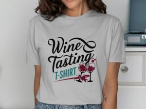A woman in a gray t-shirt with "Wine Tasting T-SHIRT" graphic and wine glasses design, smiling in a home setting.