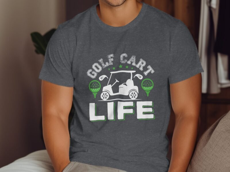 Man wearing a gray t-shirt with "GOLF CART LIFE" and graphic of a golf cart and golf balls.