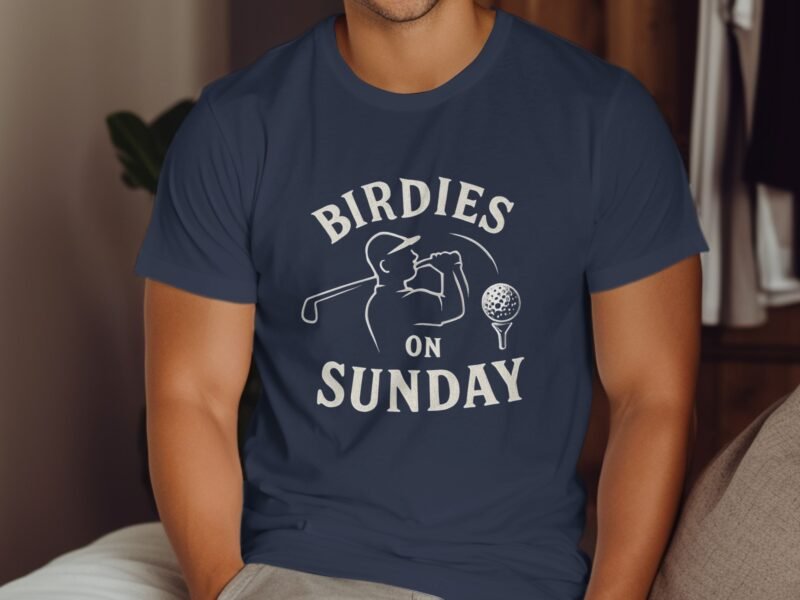 A person wearing a navy blue t-shirt that says "BIRDIES ON SUNDAY" with a graphic of a golfer swinging a club.