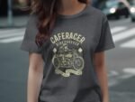 A woman models a gray t-shirt featuring a motorcycle graphic and the text "Caferacer Ride Forever."