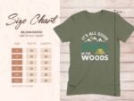 Green Gildan softstyle t-shirt with a camping design and size chart displaying measurements in inches.