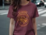 A woman in a burgundy t-shirt featuring a vintage truck graphic and "Classic Garage 1980" text on the front.