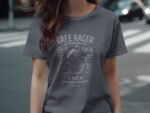 Woman wearing a gray t-shirt with a "Cafe Racer" motorcycle graphic and related text in a city setting.