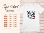 Size chart for Gildan 64000 softstyle T-shirt, showing sizes, widths, and lengths with a "Wine Tasting" graphic.