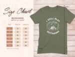 Size chart for Gildan 64000 softstyle t-shirt, featuring dimensions for various sizes and outdoor-themed design.