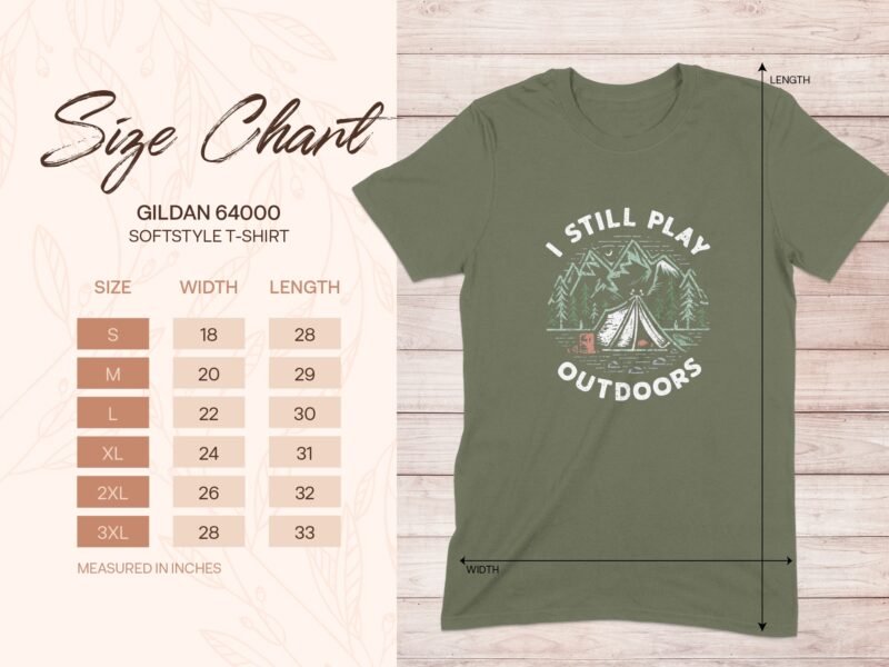 Size chart for Gildan 64000 softstyle t-shirt, featuring dimensions for various sizes and outdoor-themed design.