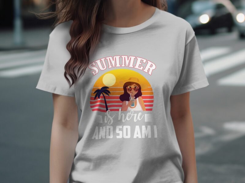 Woman wearing a light gray t-shirt with a summer-themed graphic featuring a sun, palm trees, and the text "Summer is here and so am I."