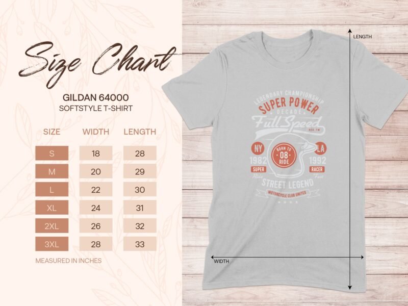 Size chart for Gildan 64000 softstyle t-shirt with dimensions for sizes S to 3XL, displayed on a light wooden background.