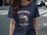A woman wears a navy t-shirt featuring "California," palm trees, a sunset, and text about San Francisco and summer.