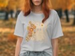 A woman with orange hair wears a light gray t-shirt featuring a ghost and floral designs, standing in an autumn park.
