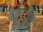 Model wearing a green t-shirt adorned with Halloween-themed graphics in orange, set against a backdrop of autumn leaves.