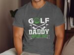 A man in a gray t-shirt with the text "GOLF DADDY MEMBERS ONLY," featuring golf-themed graphics.