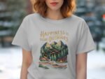 A woman in a white t-shirt with a nature graphic that reads "Happiness is Being Outdoors." Green mountains and canoes are depicted.