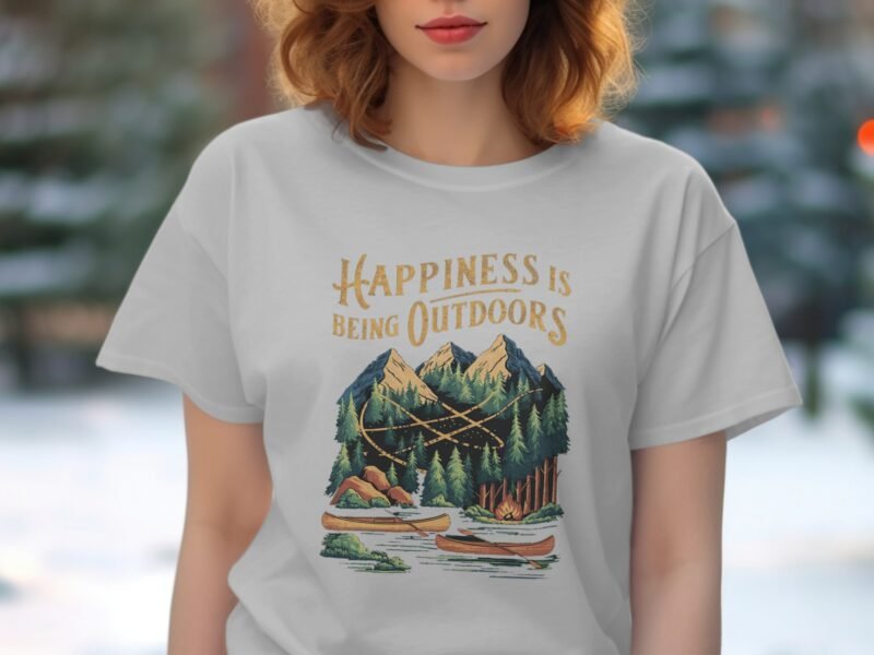 A woman in a white t-shirt with a nature graphic that reads "Happiness is Being Outdoors." Green mountains and canoes are depicted.