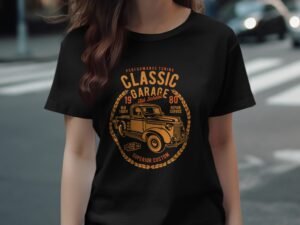 Black t-shirt featuring a vintage truck graphic with "Classic Garage" and related text in orange.