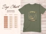 Size chart for Gildan 64000 softstyle t-shirt with measurement details for various sizes on a light wooden background.