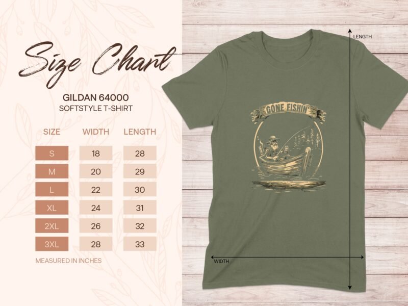 Size chart for Gildan 64000 softstyle t-shirt with measurement details for various sizes on a light wooden background.