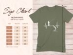 Size chart for Gildan 64000 softstyle t-shirt with measurements in inches for various sizes and a fishing graphic.