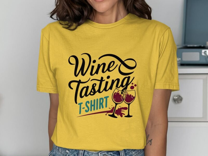 A person in a yellow t-shirt featuring "Wine Tasting" text and wine glasses graphic stands in a casual setting.