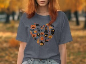 A woman wears a gray t-shirt featuring a heart-shaped design with Halloween-themed icons in orange and black.
