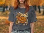 Woman in a gray t-shirt with a pumpkin and flowers graphic, set against a fall backdrop of orange leaves.