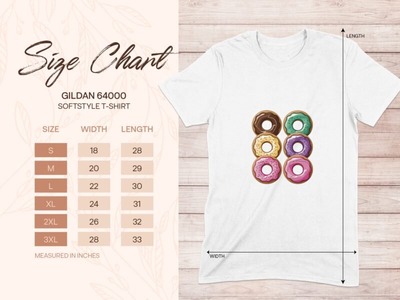 A white t-shirt with a graphic of five colorful donuts alongside a size chart for Gildan 64000 Softstyle T-shirt.