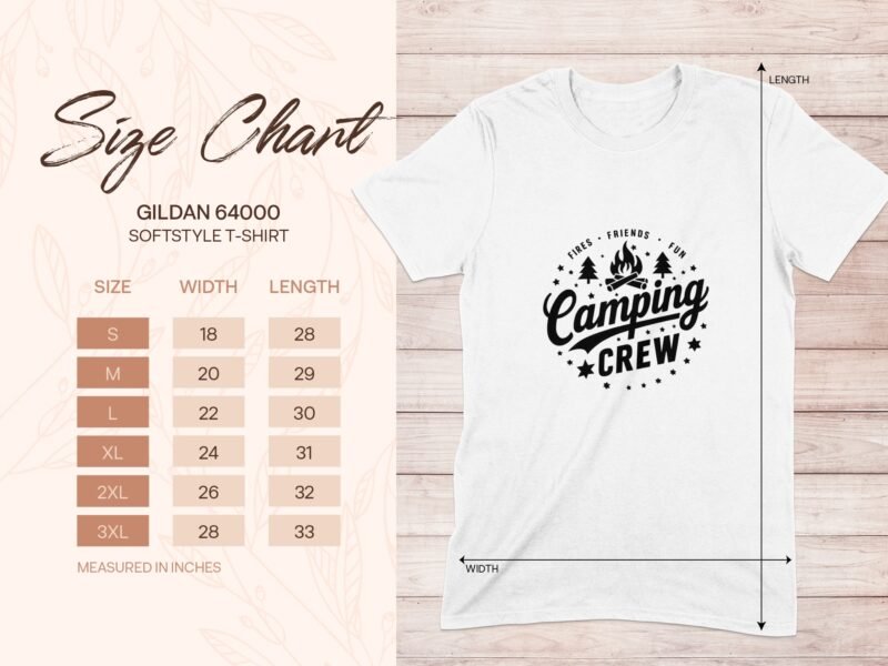White Gildan 64000 softstyle t-shirt size chart displaying dimensions for S, M, L, XL, 2XL, and 3XL.