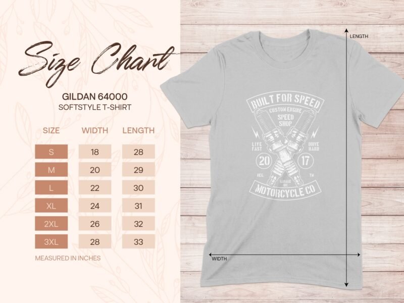 Size chart for Gildan 64000 softstyle t-shirt with measurements for S, M, L, XL, 2XL, and 3XL displayed on a light background.