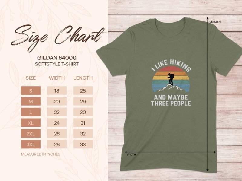 Size chart for Gildan 64000 softstyle t-shirt, showcasing measurements and a graphic design with hiking theme.