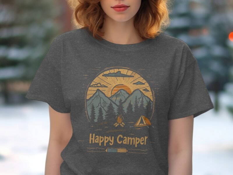 Woman wearing a dark gray t-shirt featuring a "Happy Camper" graphic with mountains, trees, and a campfire design.