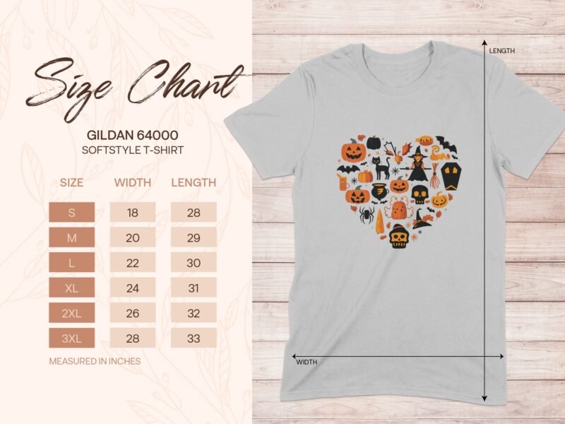 Size chart for Gildan 64000 softstyle t-shirt with heart-shaped Halloween graphics on a light gray shirt.