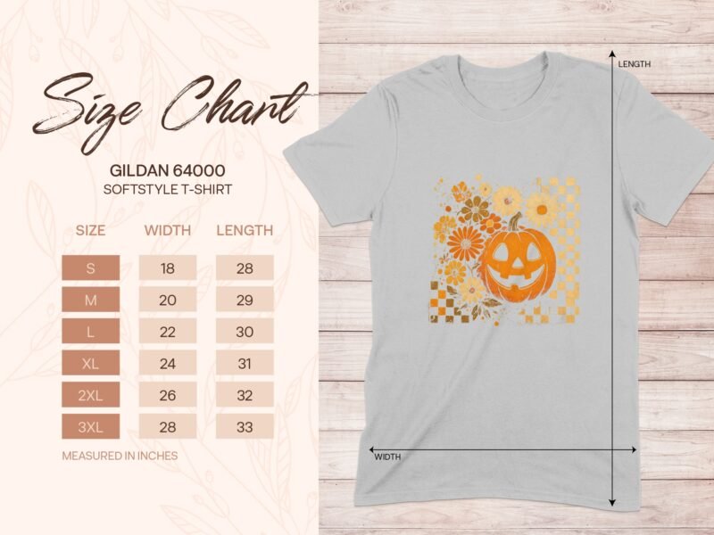 Gray T-shirt with a floral pumpkin graphic; size chart lists dimensions for S-3XL in inches.