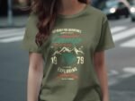 A woman wearing an olive green t-shirt featuring adventure-themed graphics, including mountains and a tent.