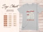 Size chart for Gildan 64000 softstyle t-shirt with measurements for various sizes and a motorcycle graphic design.