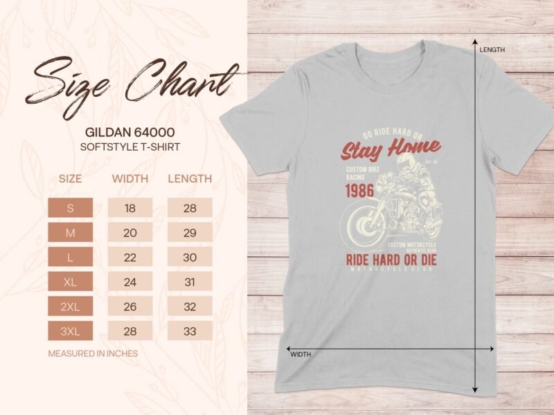 Size chart for Gildan 64000 softstyle t-shirt with measurements for various sizes and a motorcycle graphic design.