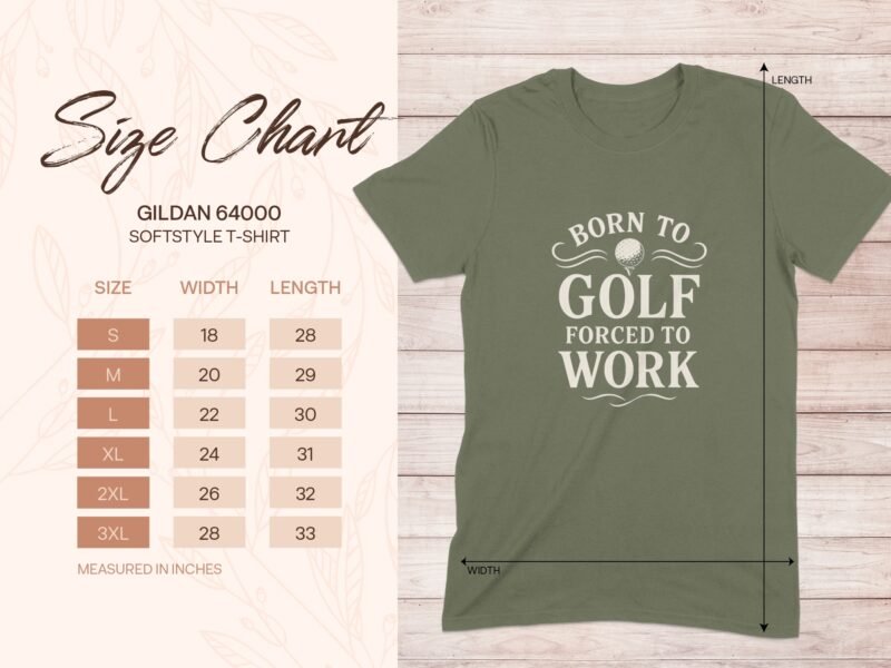Size chart for Gildan 64000 softstyle t-shirt, featuring dimensions for sizes S to 3XL with a golf-themed graphic.