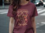 A woman wears a maroon t-shirt featuring a vintage basketball graphic with text about a college league and gameplay.