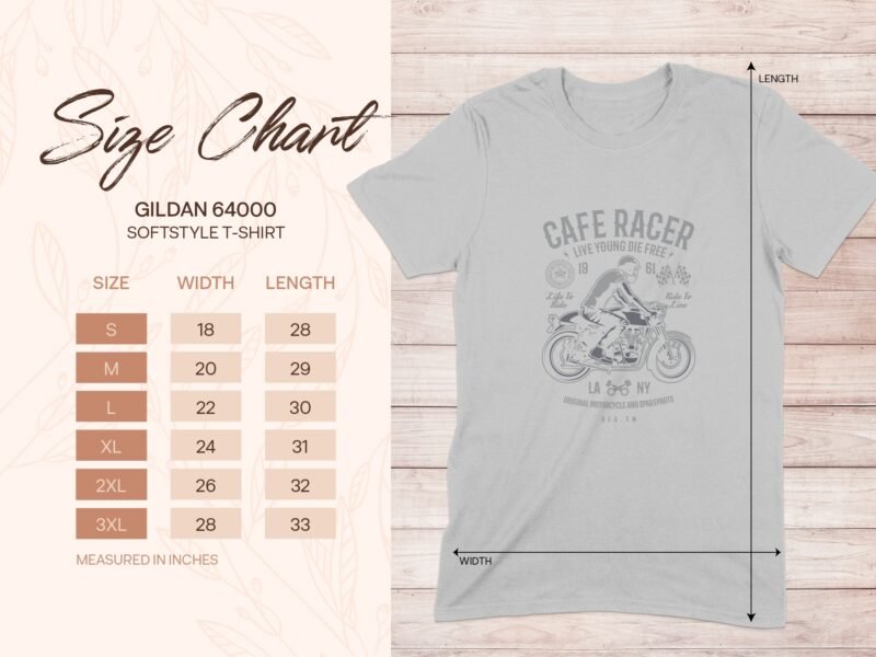 Size chart for Gildan 64000 softstyle t-shirt with measurements for various sizes on a light background.