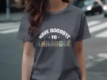 A woman wearing a gray t-shirt with the text "WAVE GOODBYE TO ANALOGUE" and a graphic design.