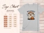Size chart for Gildan 64000 t-shirt with cow graphic, dimensions listed for sizes S to 3XL, measured in inches.