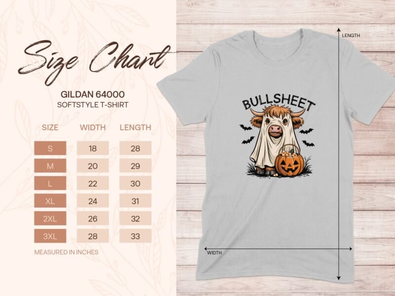 Size chart for Gildan 64000 t-shirt with cow graphic, dimensions listed for sizes S to 3XL, measured in inches.