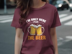 A person wearing a burgundy t-shirt with a beer graphic and the text "I'M ONLY HERE FOR THE BEER" is standing outdoors.