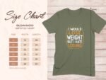 Size chart for Gildan 64000 t-shirt featuring humorous text: "I would lose weight but I hate losing." Sizes listed.