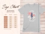 Size chart for Gildan 64000 softstyle t-shirt with measurements for sizes S to 3XL, featuring a surf graphic design.